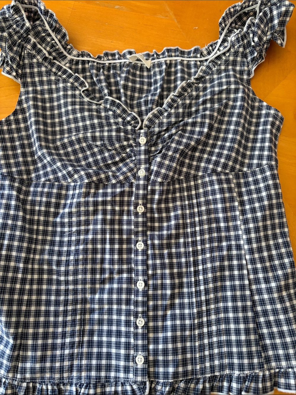 Navy and White Plaid Ruffle-Trim Button Down Top